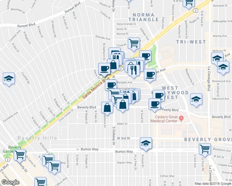 map of restaurants, bars, coffee shops, grocery stores, and more near 400 North Doheny Drive in West Hollywood