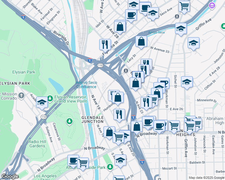 map of restaurants, bars, coffee shops, grocery stores, and more near 338 North Avenue 21 in Los Angeles