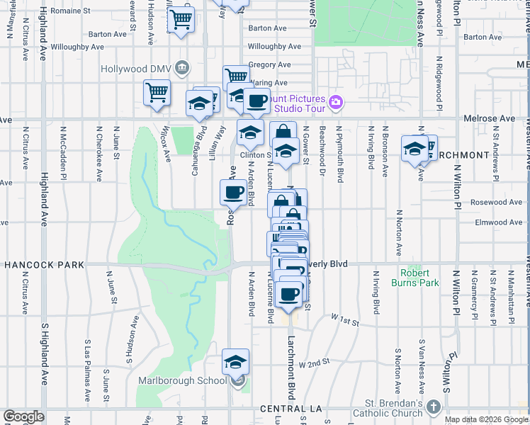 map of restaurants, bars, coffee shops, grocery stores, and more near 434 North Lucerne Boulevard in Los Angeles
