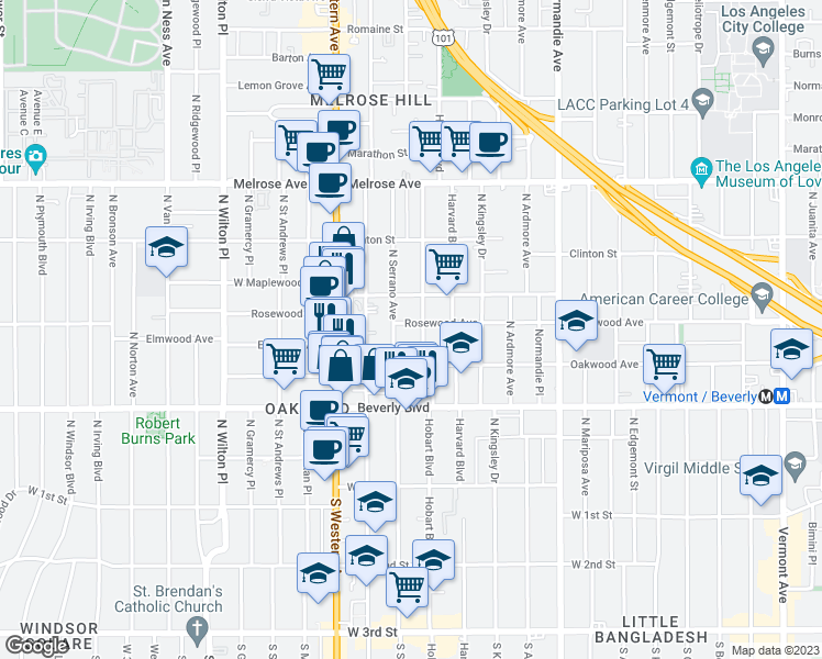 map of restaurants, bars, coffee shops, grocery stores, and more near 4658 Rosewood Avenue in Los Angeles