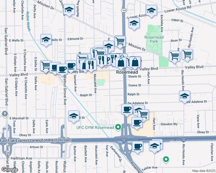 map of restaurants, bars, coffee shops, grocery stores, and more near 3911 Ivar Avenue in Rosemead