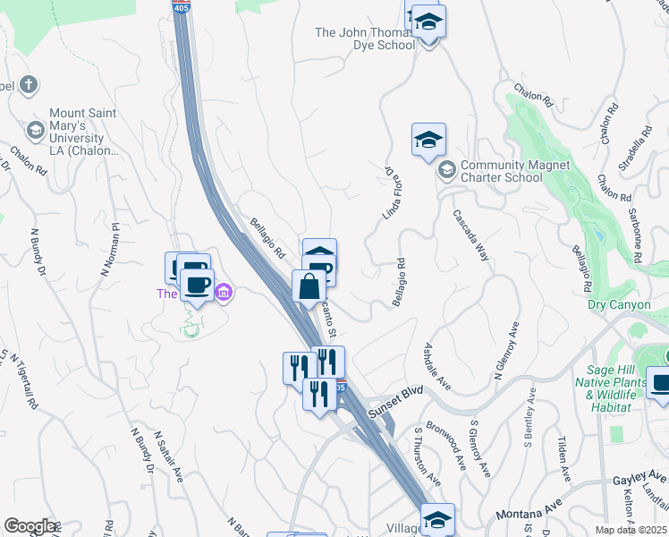 map of restaurants, bars, coffee shops, grocery stores, and more near 850 Moraga Drive in Los Angeles