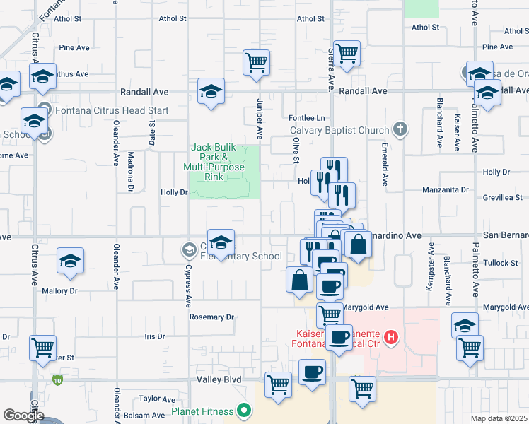 map of restaurants, bars, coffee shops, grocery stores, and more near 9653 Juniper Avenue in Fontana