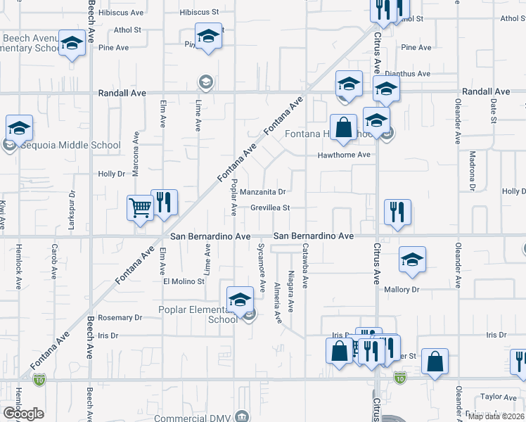 map of restaurants, bars, coffee shops, grocery stores, and more near 9628 Almeria Avenue in Fontana