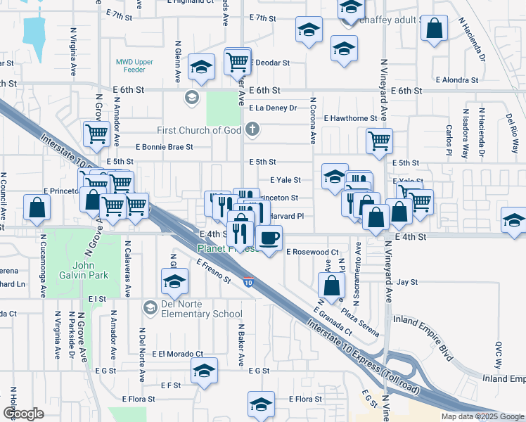 map of restaurants, bars, coffee shops, grocery stores, and more near 1671A East Harvard Place in Ontario