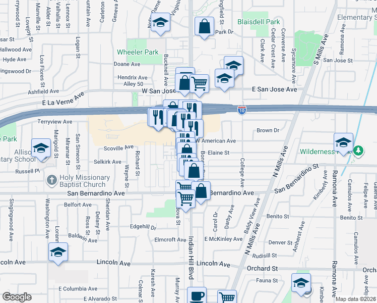 map of restaurants, bars, coffee shops, grocery stores, and more near 1849 Cordova Street in Pomona