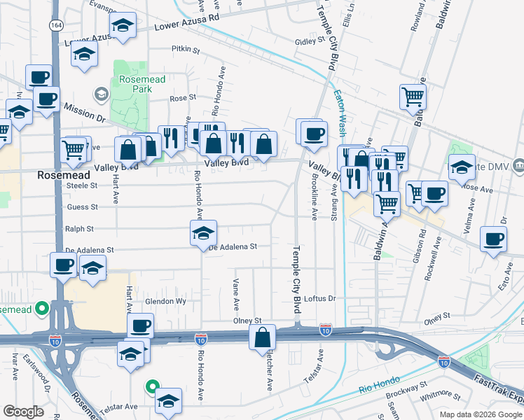 map of restaurants, bars, coffee shops, grocery stores, and more near 9558 Guess Street in Rosemead