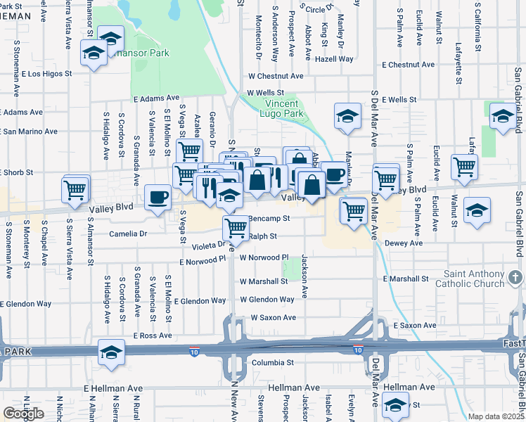 map of restaurants, bars, coffee shops, grocery stores, and more near 501 West Bencamp Street in San Gabriel