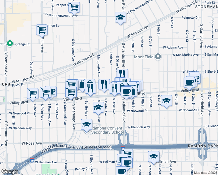 map of restaurants, bars, coffee shops, grocery stores, and more near 1227 Edith Avenue in Alhambra