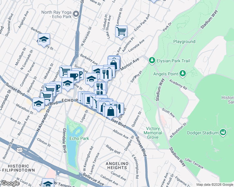 map of restaurants, bars, coffee shops, grocery stores, and more near 1432 Laveta Terrace in Los Angeles