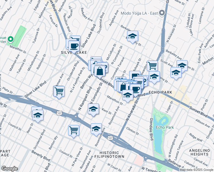 map of restaurants, bars, coffee shops, grocery stores, and more near 1018 North Coronado Street in Los Angeles