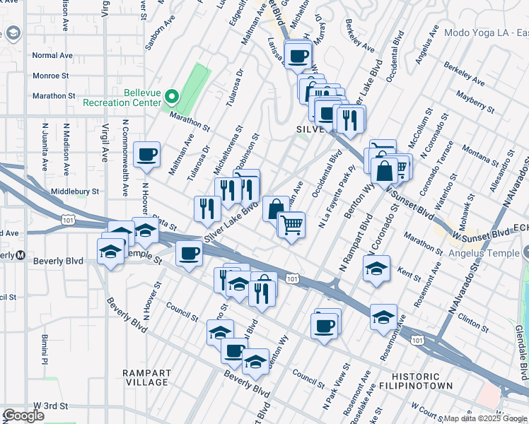 map of restaurants, bars, coffee shops, grocery stores, and more near 637 Parkman Avenue in Los Angeles