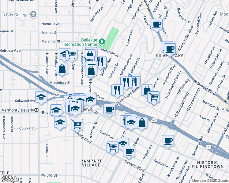 map of restaurants, bars, coffee shops, grocery stores, and more near 3317 London Street in Los Angeles