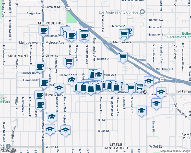 map of restaurants, bars, coffee shops, grocery stores, and more near 429 North Normandie Avenue in Los Angeles