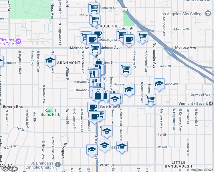 map of restaurants, bars, coffee shops, grocery stores, and more near 427 North Oxford Avenue in Los Angeles