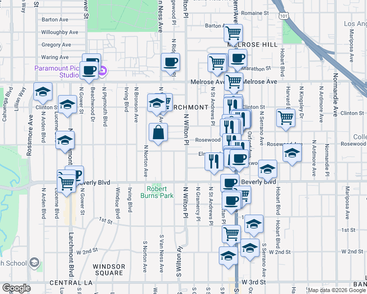 map of restaurants, bars, coffee shops, grocery stores, and more near 385 North Wilton Place in Los Angeles