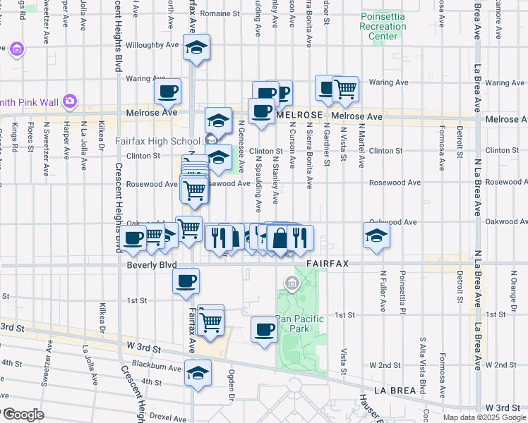map of restaurants, bars, coffee shops, grocery stores, and more near 411 North Spaulding Avenue in Los Angeles