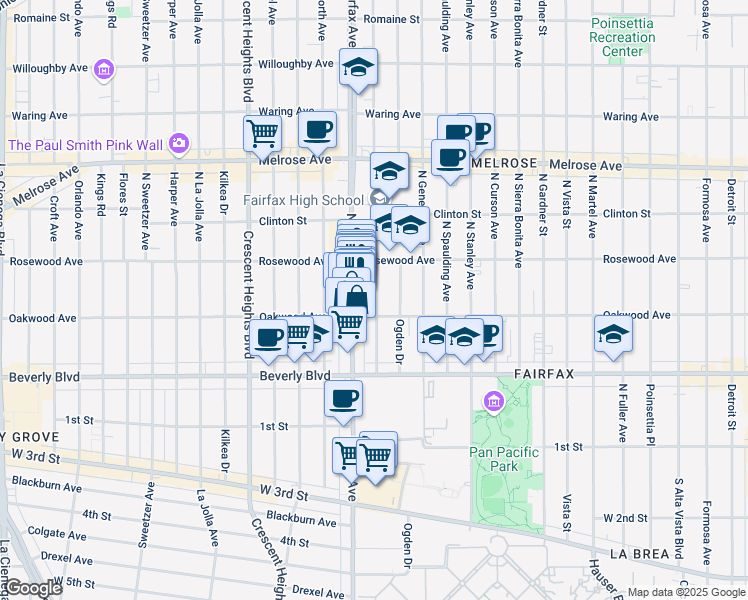 map of restaurants, bars, coffee shops, grocery stores, and more near 415 North Orange Grove Avenue in Los Angeles