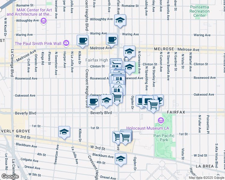 map of restaurants, bars, coffee shops, grocery stores, and more near 410 North Hayworth Avenue in Los Angeles