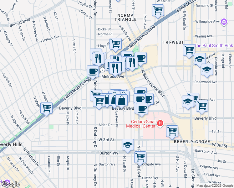 map of restaurants, bars, coffee shops, grocery stores, and more near 8940 Ashcroft Avenue in West Hollywood