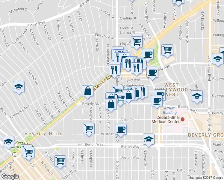 map of restaurants, bars, coffee shops, grocery stores, and more near 440 North Oakhurst Drive in Beverly Hills