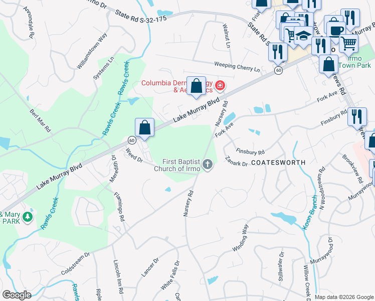 map of restaurants, bars, coffee shops, grocery stores, and more near 7123 Nursery Road in Columbia