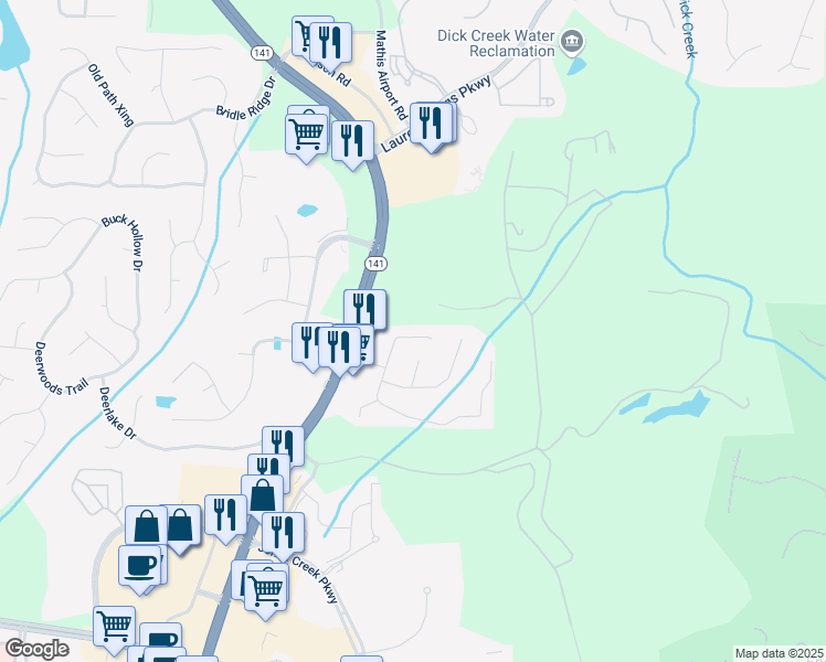 map of restaurants, bars, coffee shops, grocery stores, and more near 3390 Dalwood Drive in Suwanee