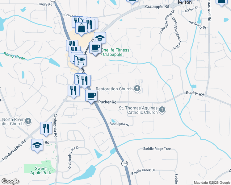 map of restaurants, bars, coffee shops, grocery stores, and more near 290 Rucker Road in Alpharetta