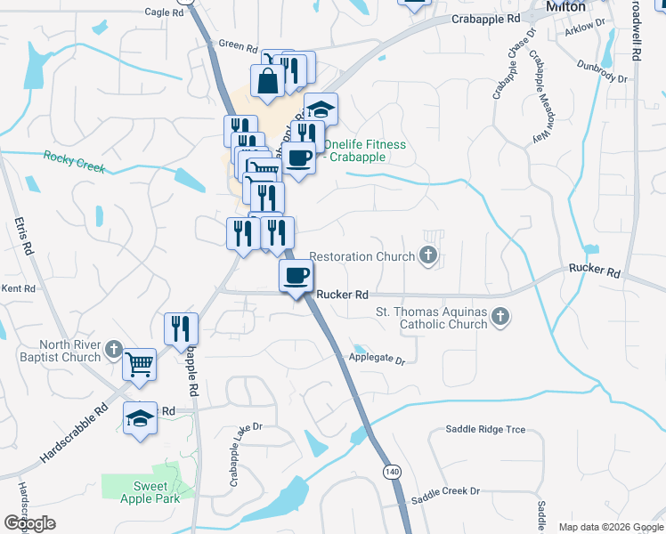 map of restaurants, bars, coffee shops, grocery stores, and more near 640 Mae Lane in Alpharetta