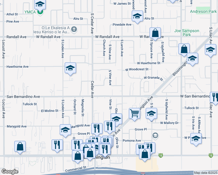 map of restaurants, bars, coffee shops, grocery stores, and more near 1201 West Miramont Street in Bloomington