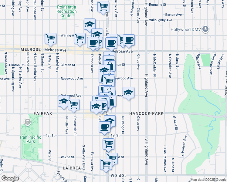 map of restaurants, bars, coffee shops, grocery stores, and more near 415 North Sycamore Avenue in Los Angeles