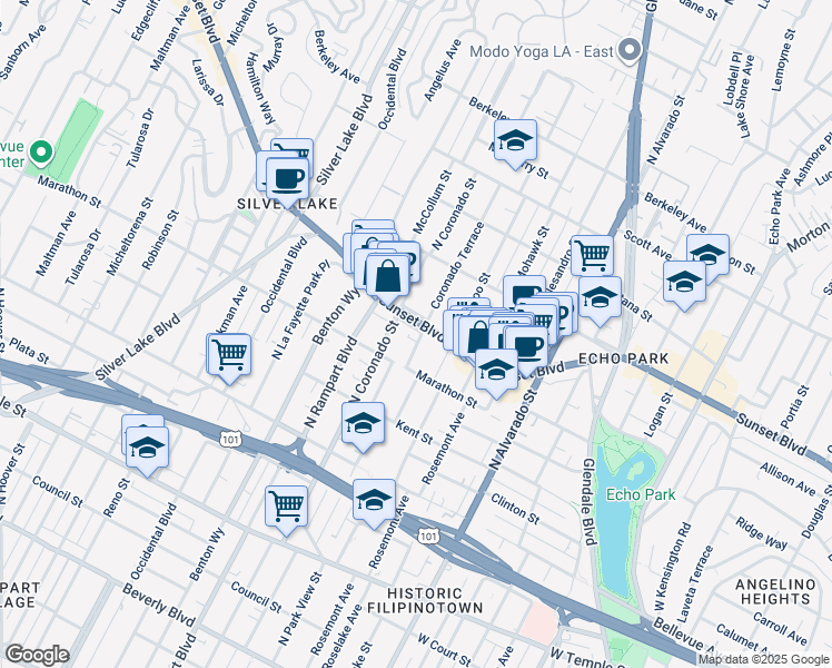 map of restaurants, bars, coffee shops, grocery stores, and more near 1018 North Coronado Street in Los Angeles