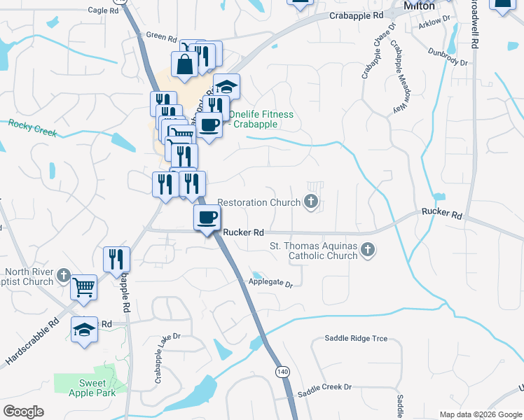 map of restaurants, bars, coffee shops, grocery stores, and more near 290 Rucker Road in Alpharetta