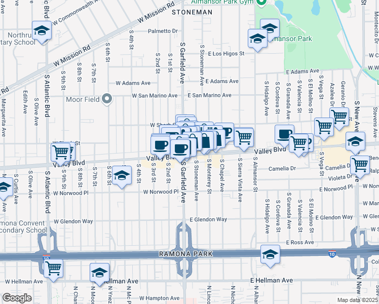 map of restaurants, bars, coffee shops, grocery stores, and more near 101 East Valley Boulevard in Alhambra