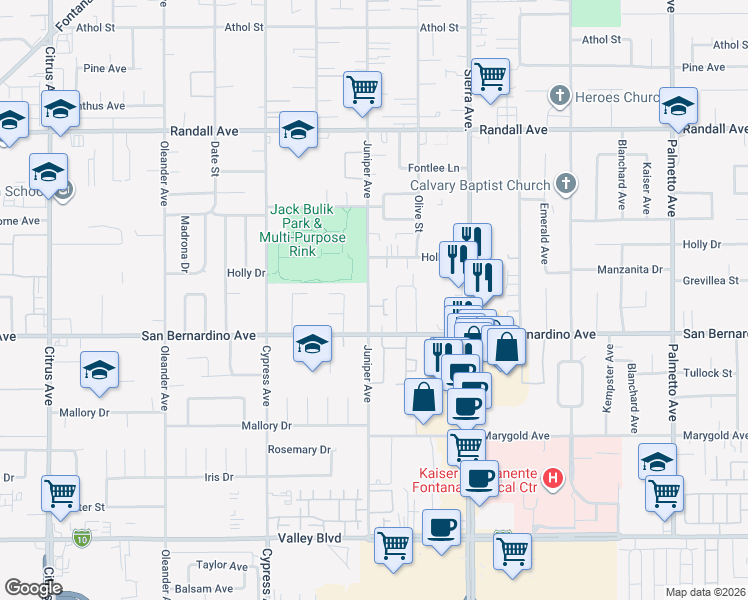 map of restaurants, bars, coffee shops, grocery stores, and more near 9633 Juniper Avenue in Fontana