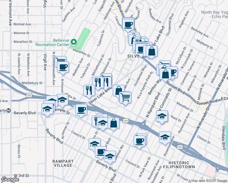 map of restaurants, bars, coffee shops, grocery stores, and more near 637 Parkman Avenue in Los Angeles