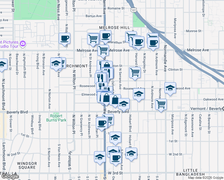 map of restaurants, bars, coffee shops, grocery stores, and more near 427 North Oxford Avenue in Los Angeles