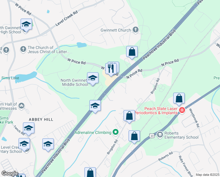 map of restaurants, bars, coffee shops, grocery stores, and more near 170 Peachtree Industrial Boulevard in Sugar Hill