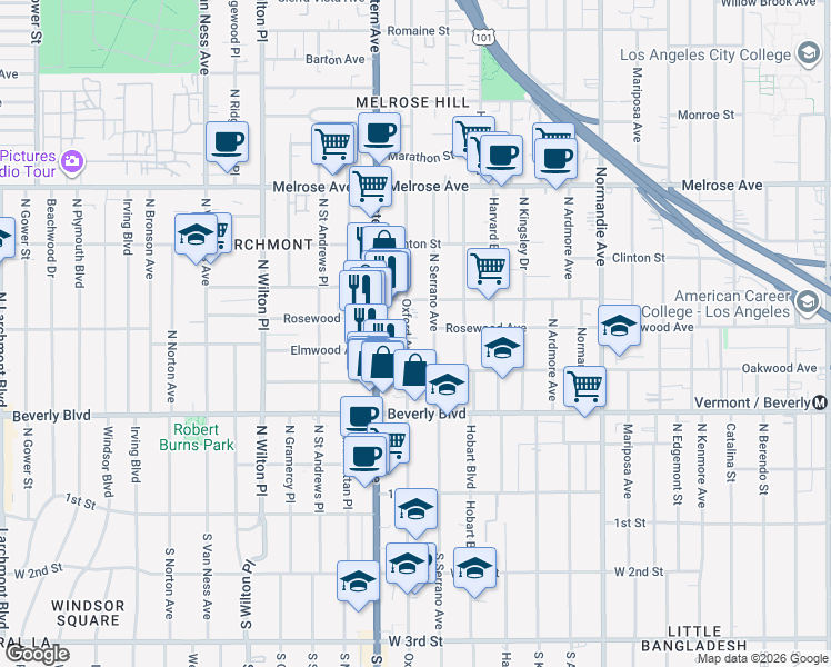 map of restaurants, bars, coffee shops, grocery stores, and more near 427 North Oxford Avenue in Los Angeles