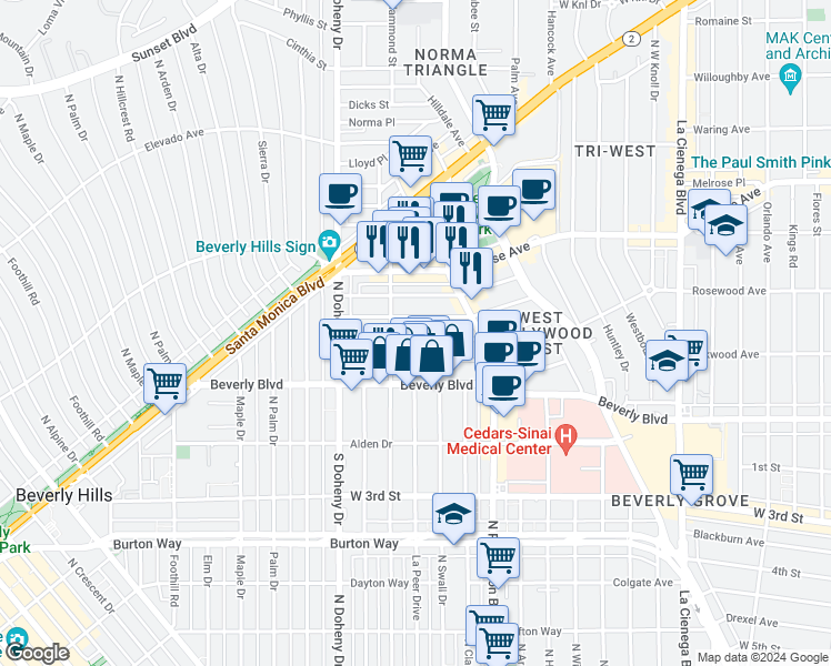 map of restaurants, bars, coffee shops, grocery stores, and more near 8921 Ashcroft Avenue in West Hollywood