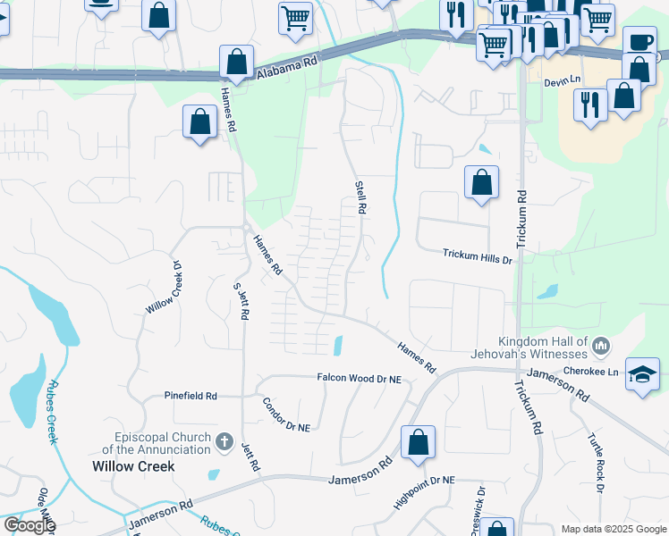 map of restaurants, bars, coffee shops, grocery stores, and more near 584 West Oaks Drive in Woodstock