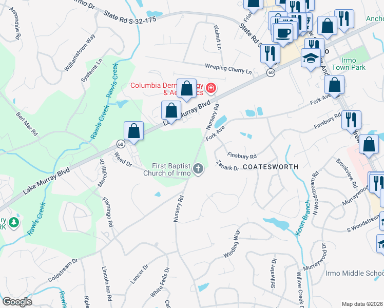 map of restaurants, bars, coffee shops, grocery stores, and more near 7123 Nursery Road in Columbia