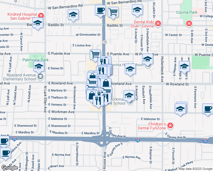 map of restaurants, bars, coffee shops, grocery stores, and more near 444 North Azusa Avenue in West Covina