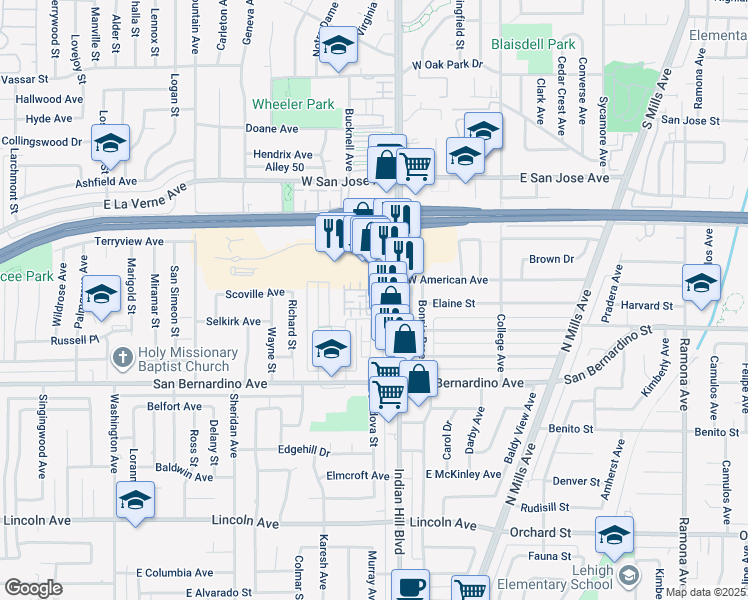 map of restaurants, bars, coffee shops, grocery stores, and more near 1948 Oakwood Way in Pomona