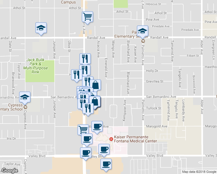 map of restaurants, bars, coffee shops, grocery stores, and more near 9635 Emerald Court in Fontana