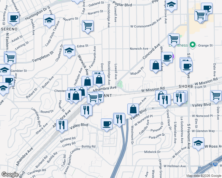 map of restaurants, bars, coffee shops, grocery stores, and more near 5568 Alhambra Avenue in Los Angeles