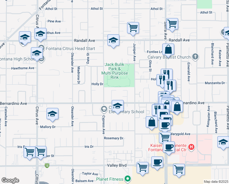map of restaurants, bars, coffee shops, grocery stores, and more near in Fontana