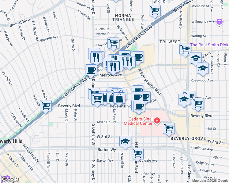 map of restaurants, bars, coffee shops, grocery stores, and more near 8940 Ashcroft Avenue in West Hollywood