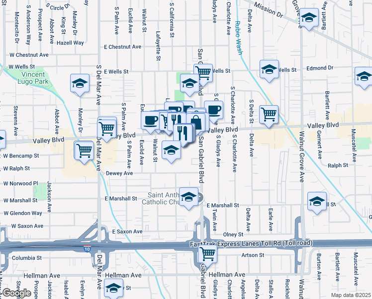 map of restaurants, bars, coffee shops, grocery stores, and more near 1635 South San Gabriel Boulevard in San Gabriel