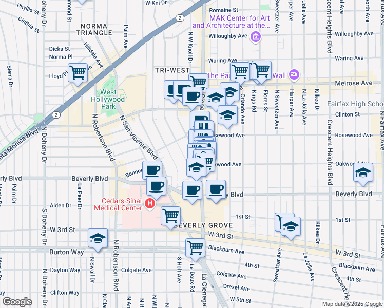 map of restaurants, bars, coffee shops, grocery stores, and more near 421 Westmount Drive in West Hollywood